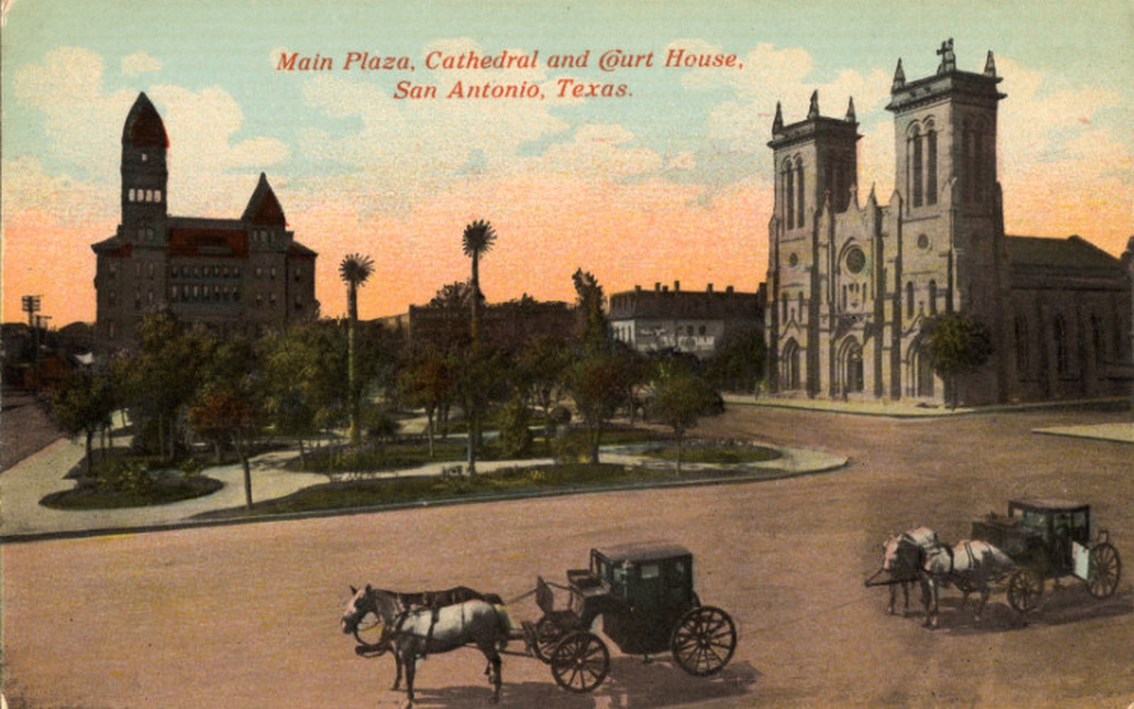 Vintage postcard of Main Plaza with the cathedral, courthouse and horse-drawn carriages